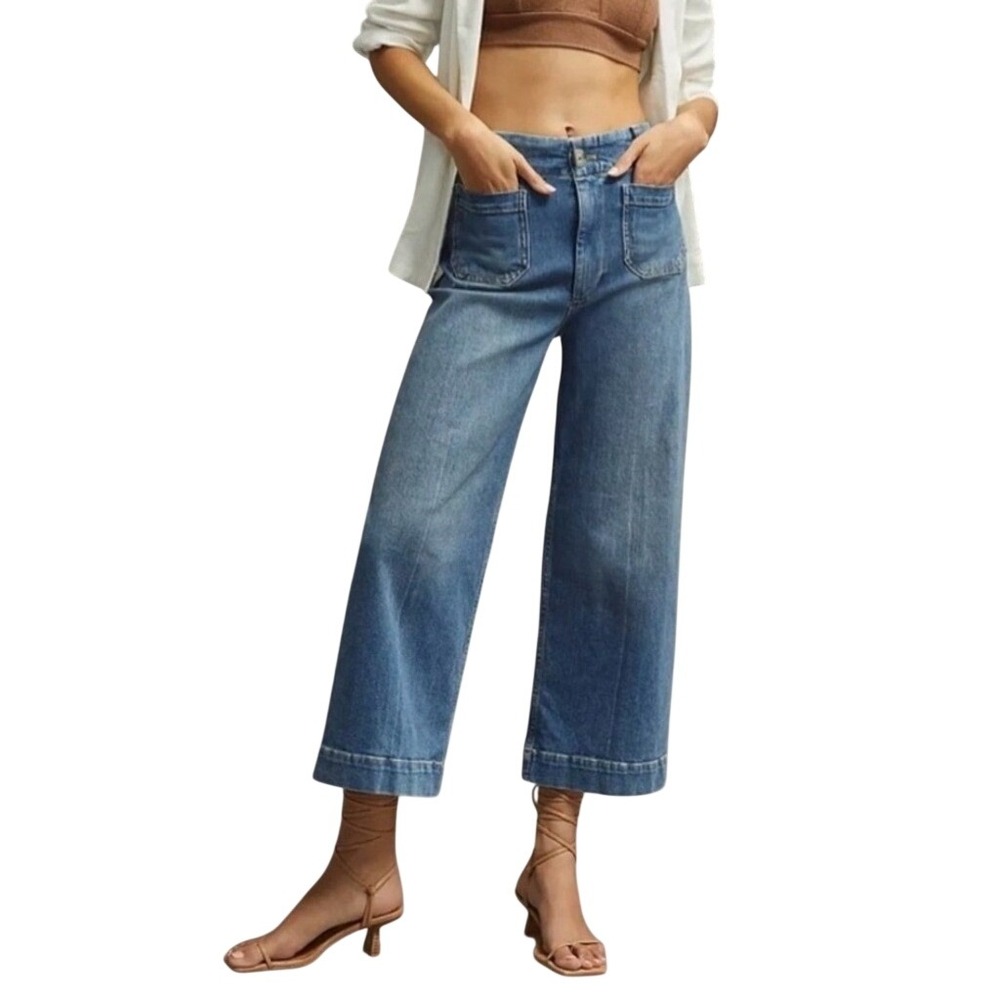 Pilcro Anthropologie Skipper Wide Leg Crop Distressed Blue Patch Pocket 28